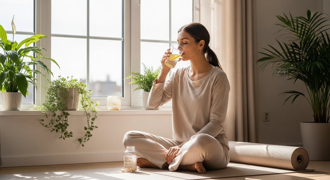 Woman enjoying a morning wellness ritual with lemon water, supplements, and sunlight. PureAura metabolic support and natural energy routine scene.