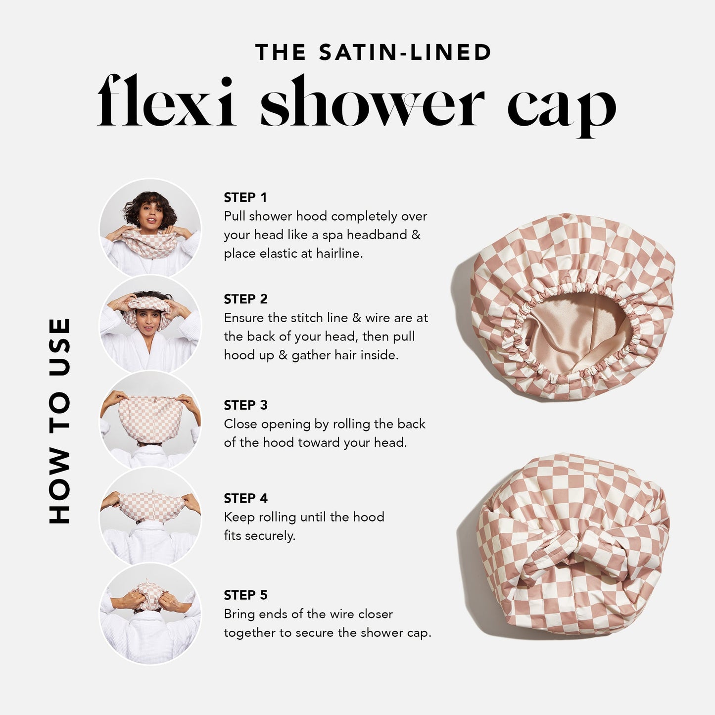 Terracotta Checker Satin Shower Cap – Reusable & Waterproof