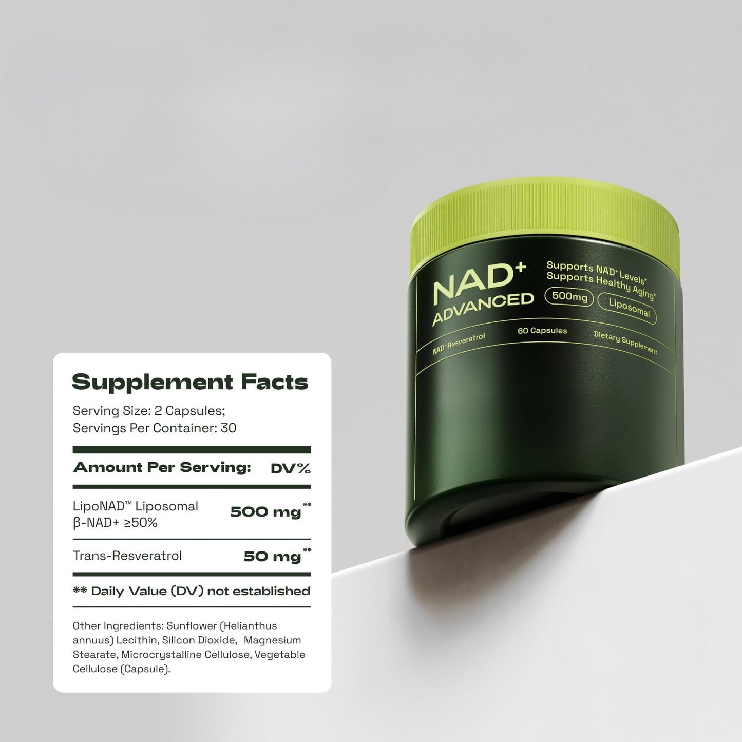 NAD+ Advanced supplement bottle with 500mg Liposomal B-NAD and 50mg Resveratrol shown next to supplement facts label