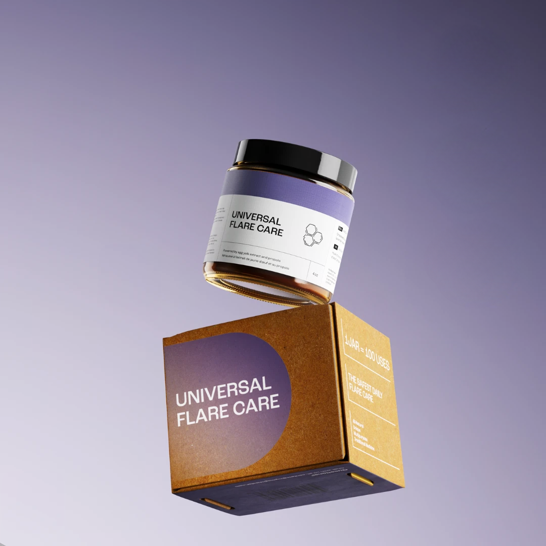Universal Flare Care sensitive skin cream with propolis shown with product box on gradient background