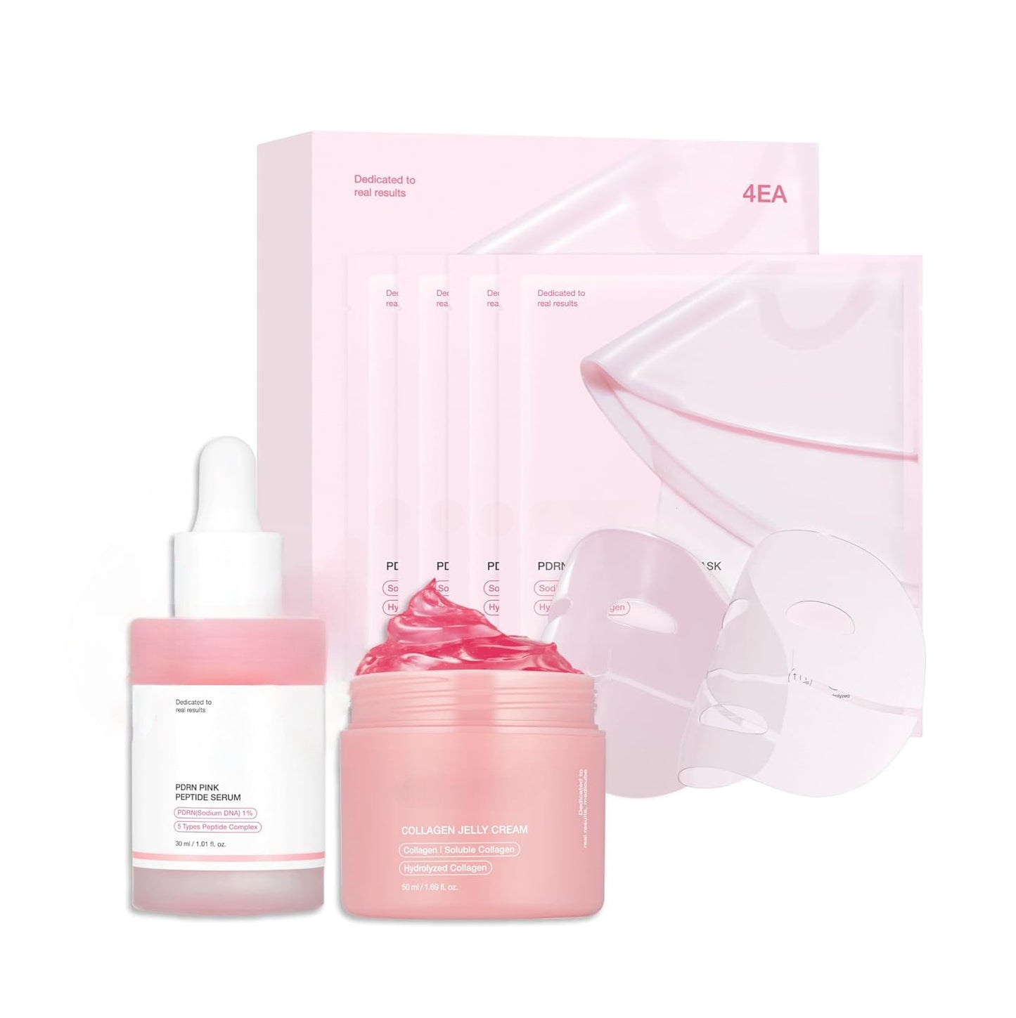 Pink Glass Glow Skin Trio - Salmon DNA PDRN Pink Collagen Jelly Gel Mask (4 ea) + PDRN Pink Peptide Serum 50ml + Collagen Jelly Cream 50ml