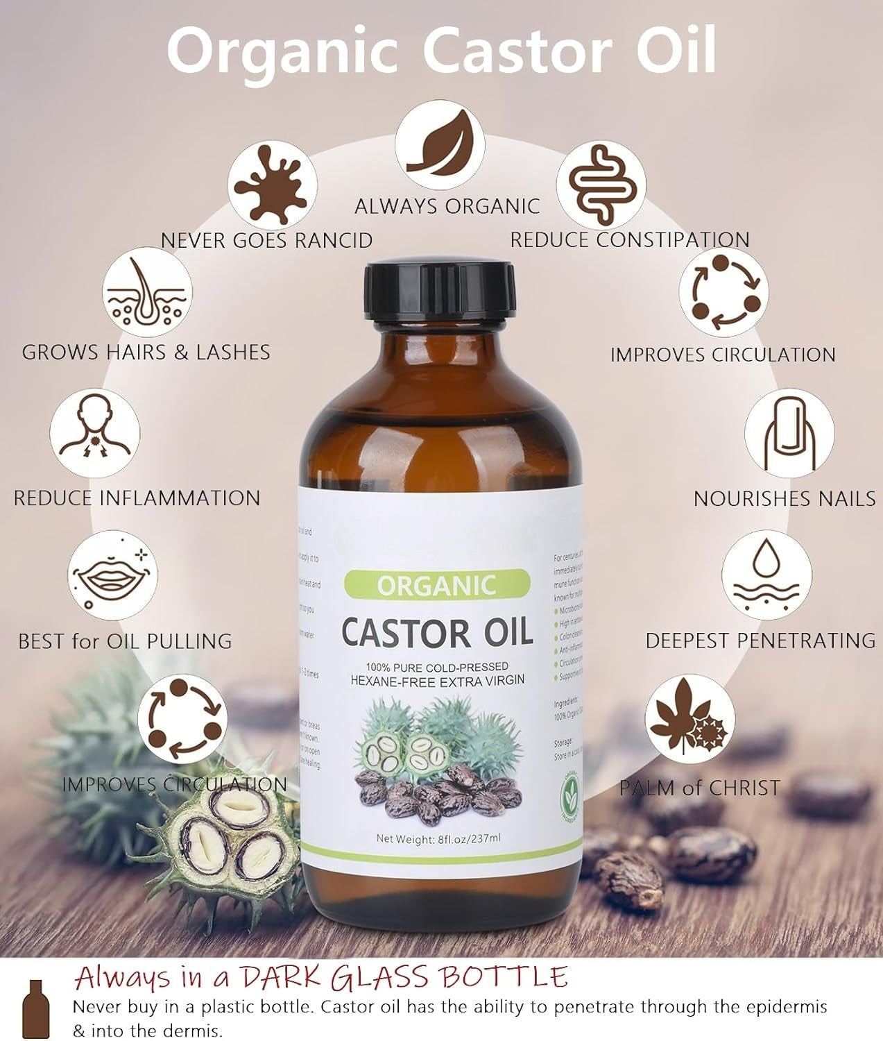 Castor Oil & Pack Set – Organic Oil + Wrap & Flannel Cloth, 8 oz