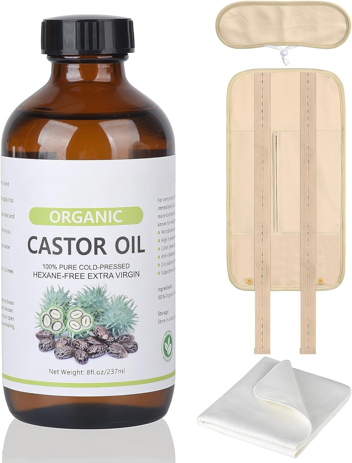 Castor Oil & Pack Set – Organic Oil + Wrap & Flannel Cloth, 8 oz