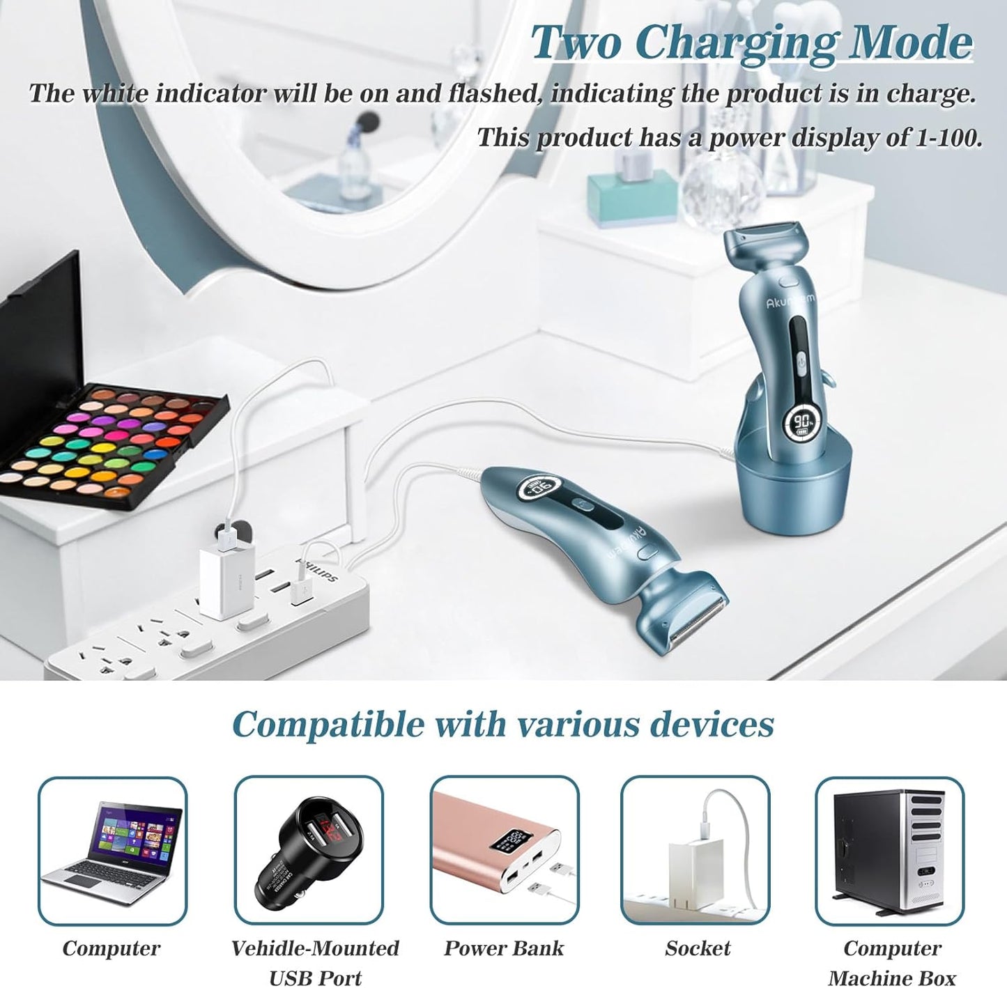 Akunbem Electric Shaver for Women – Wet & Dry Use, Blue & Pink
