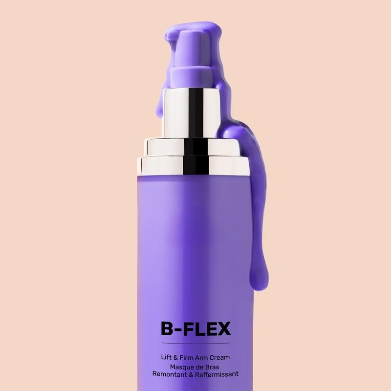 B-FLEX lift and firm arm cream with visible purple texture dripping from pump bottle