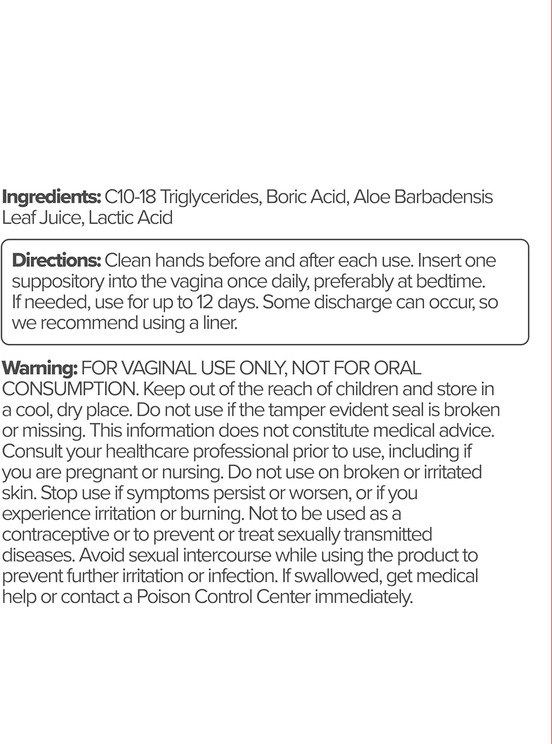 Boric Acid Vaginal Suppositories – Lactic Acid & Aloe, 12 Ct