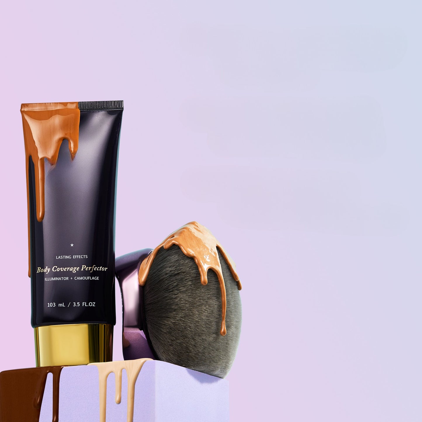 Body Coverage Perfector and X-Large Buffer Brush with product drips shown on pastel block display