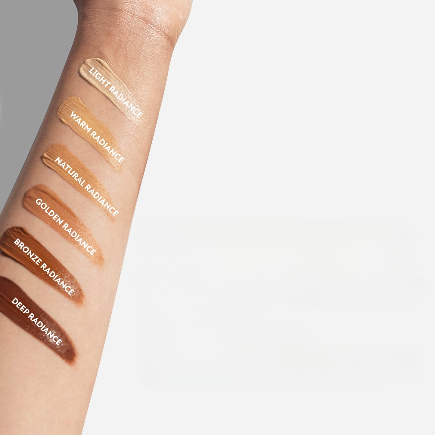 Body Coverage Perfector arm swatches showing Light, Warm, Natural, Golden, Bronze, and Deep Radiance shades