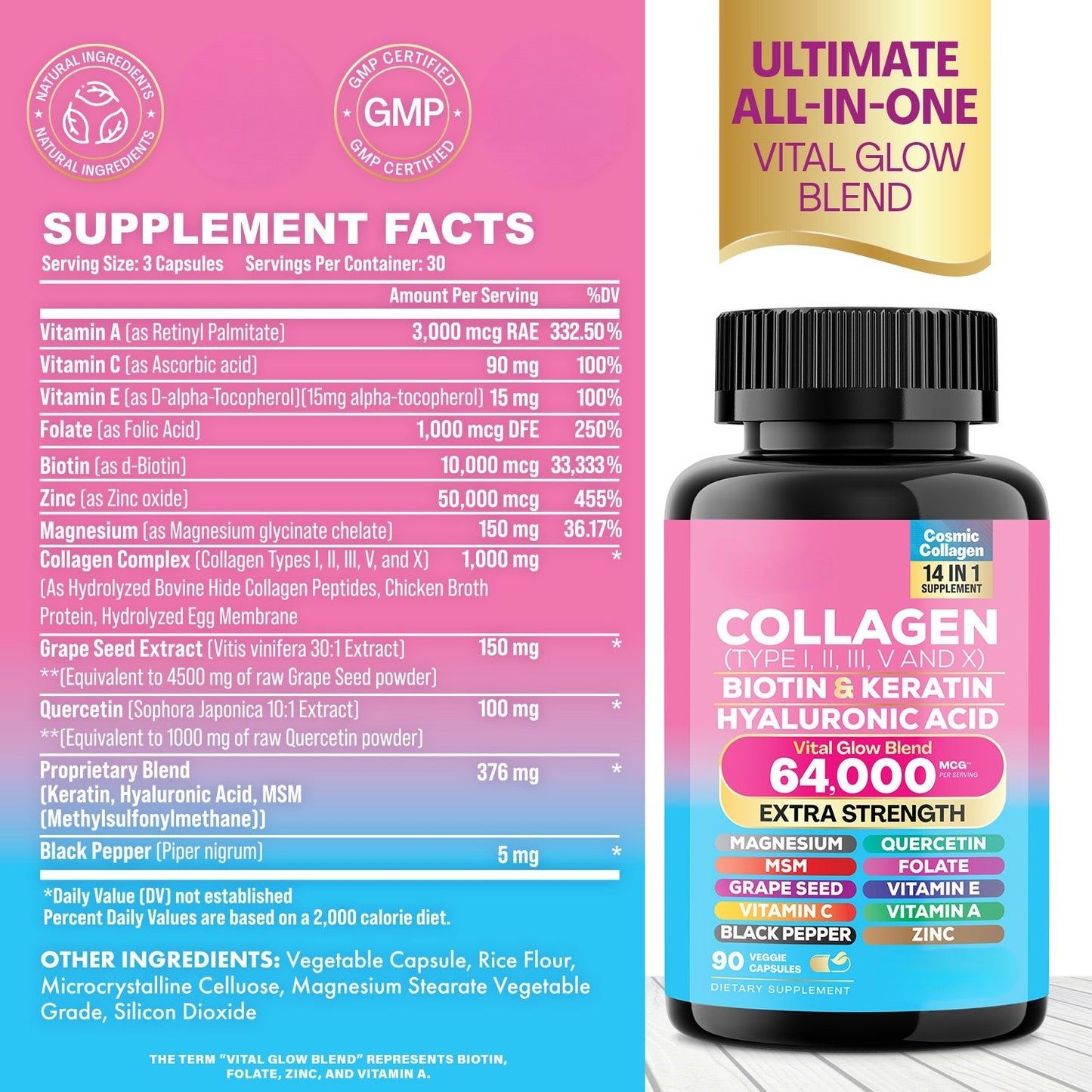 Collagen Peptide Pills – Types I, II, III, V, X + Biotin, 90 ct