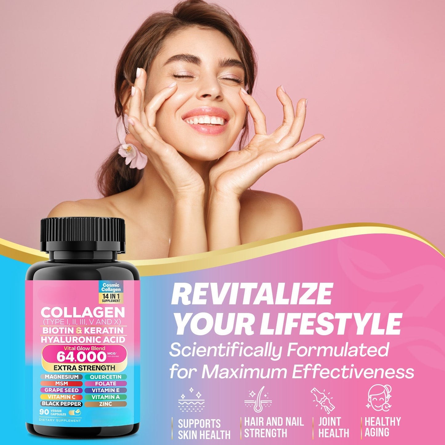 Collagen Peptide Pills – Types I, II, III, V, X + Biotin, 90 ct