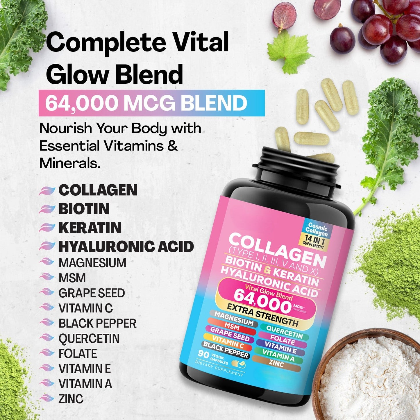 Collagen Peptide Pills – Types I, II, III, V, X + Biotin, 90 ct