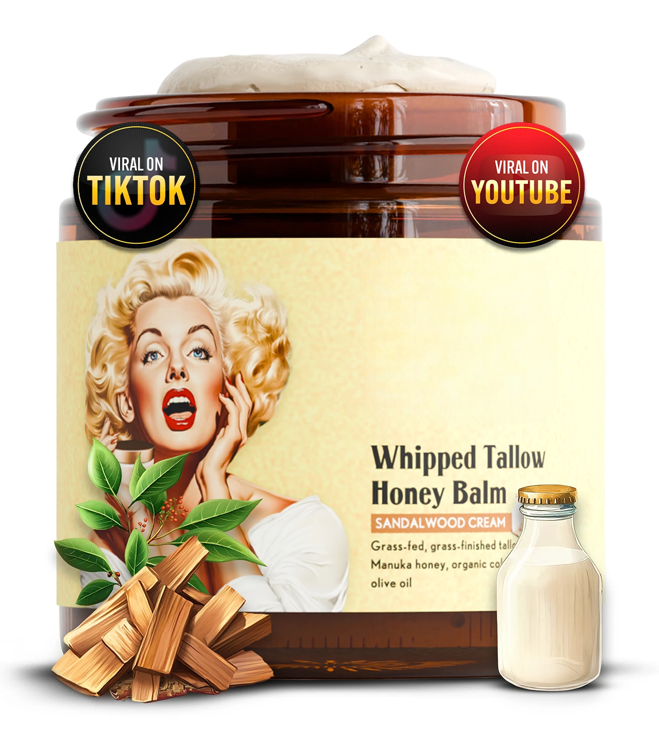 Whipped Beef Tallow and Honey Balm – 4oz Unscented Face Cream, Body Lotion, and Lip Balm