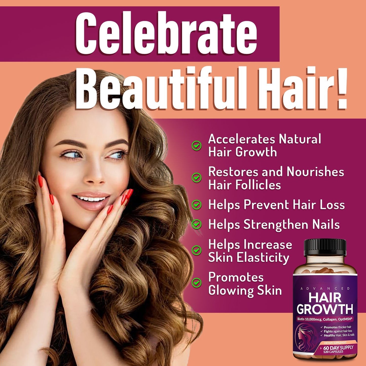 Advanced Hair Growth Vitamins for Women – Biotin & Collagen, 60ct