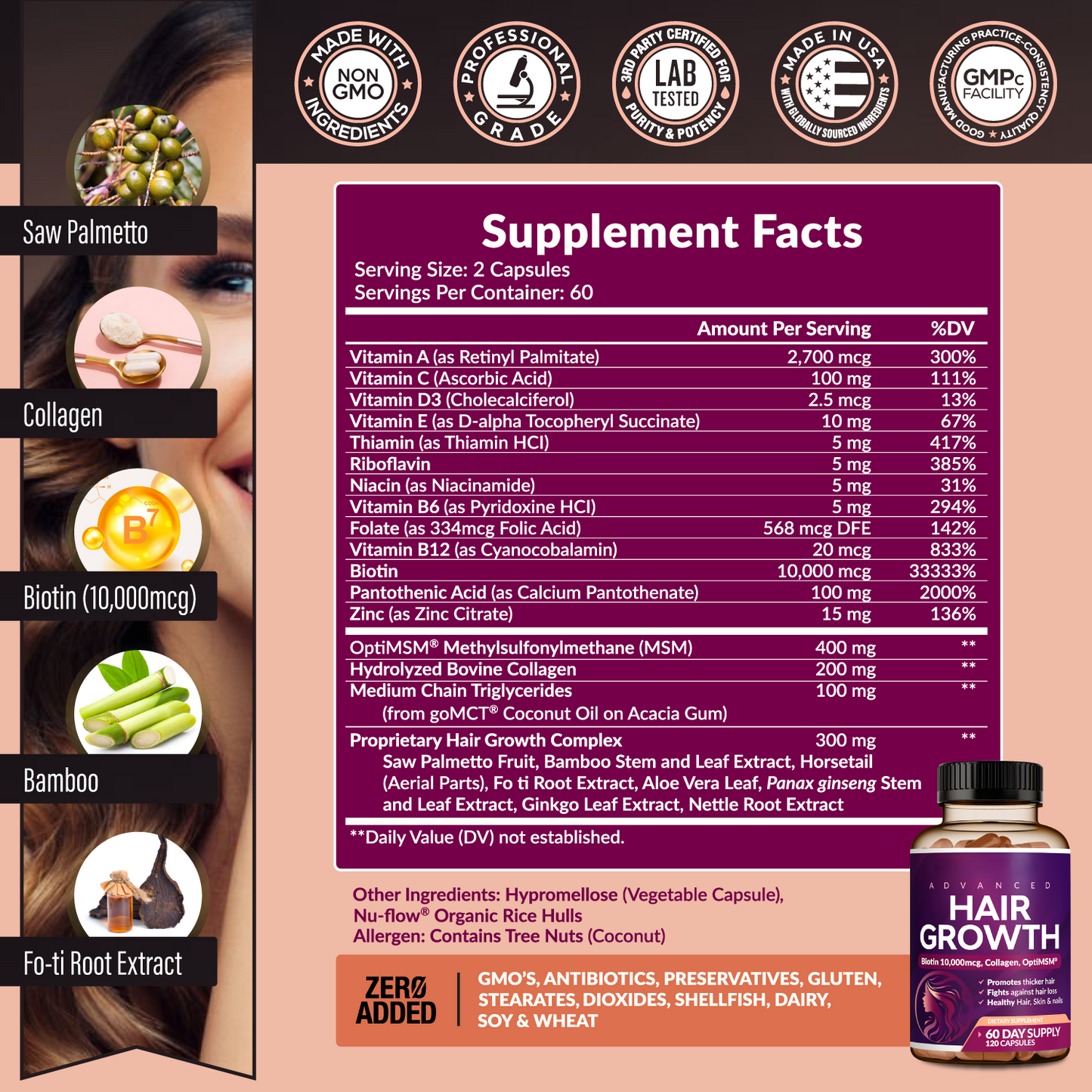 Advanced Hair Growth Vitamins for Women – Biotin & Collagen, 60ct