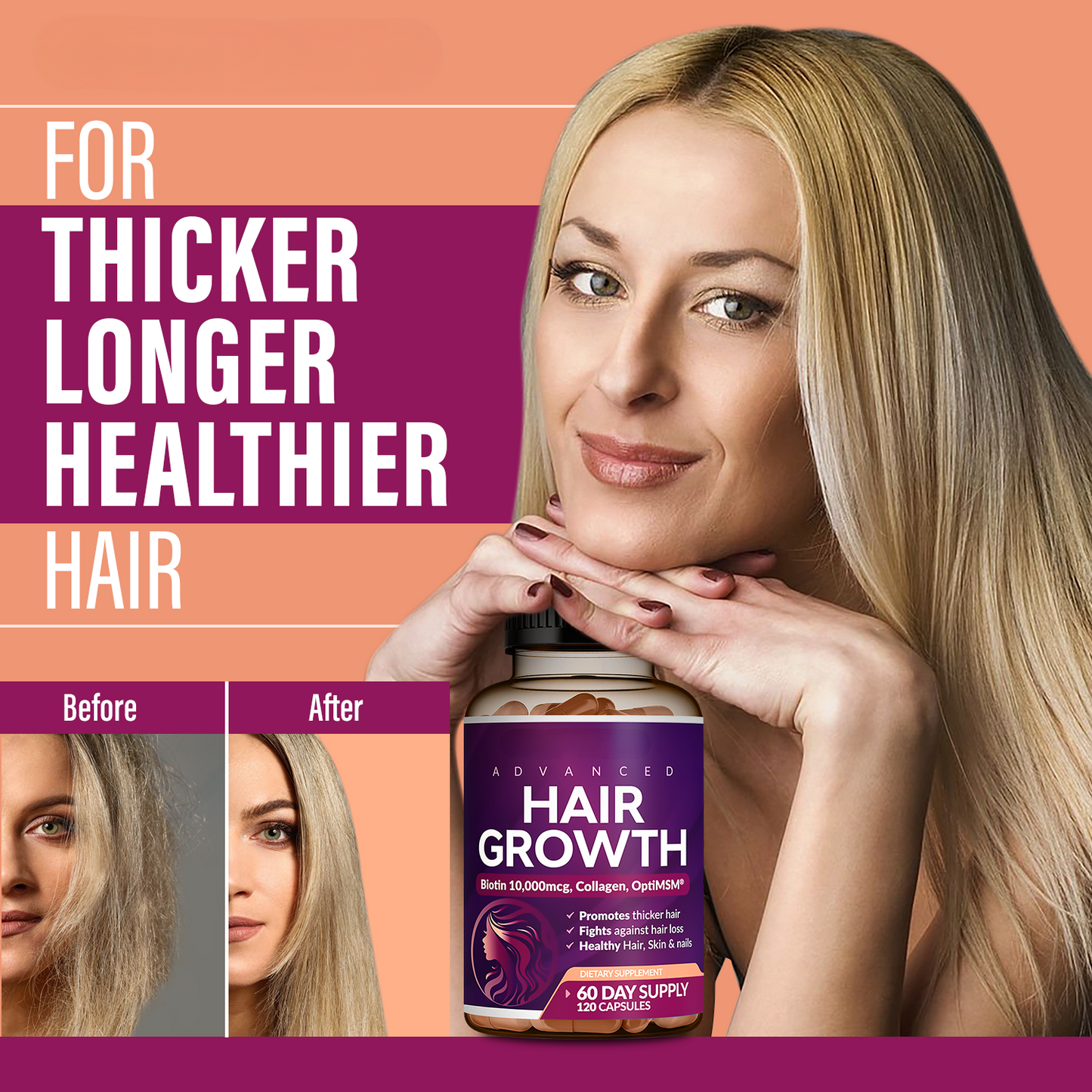 Advanced Hair Growth Vitamins for Women – Biotin & Collagen, 60ct