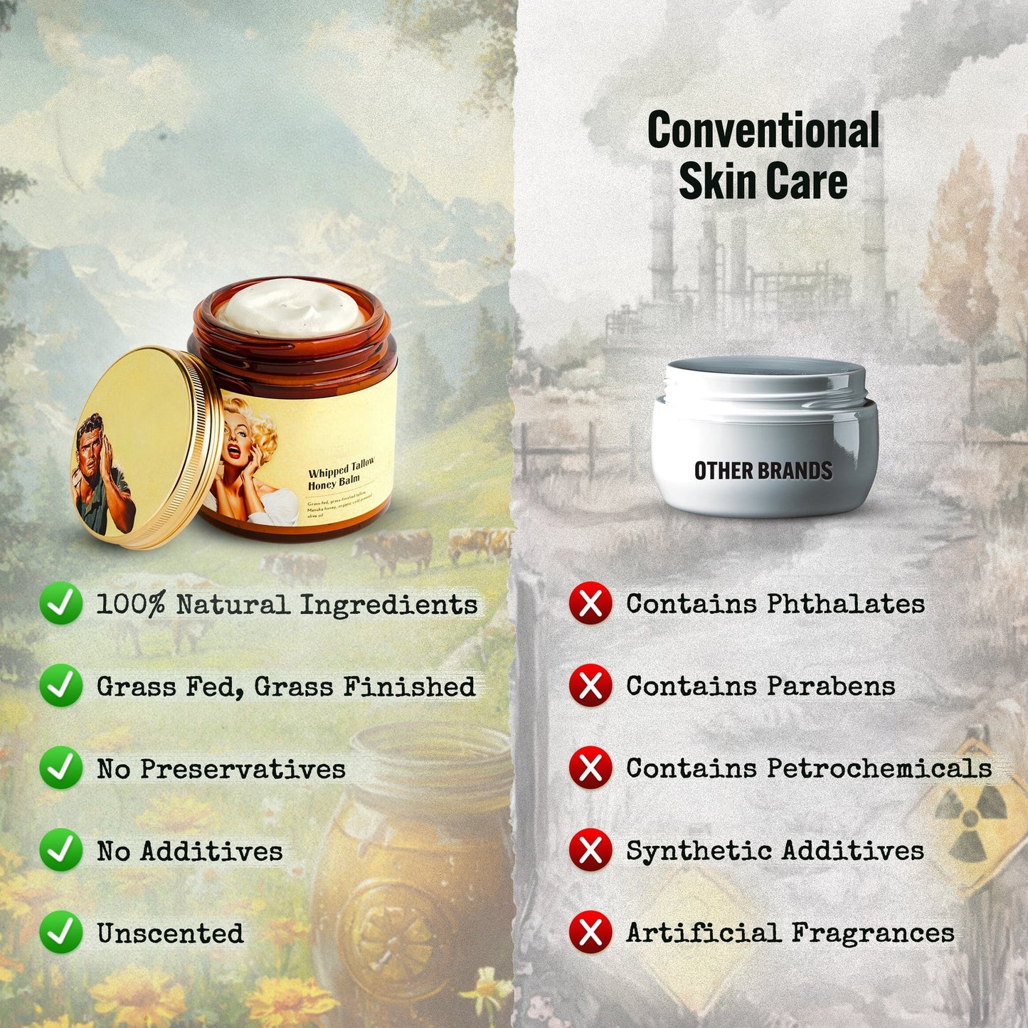 Whipped Beef Tallow and Honey Balm – 4oz Unscented Face Cream, Body Lotion, and Lip Balm