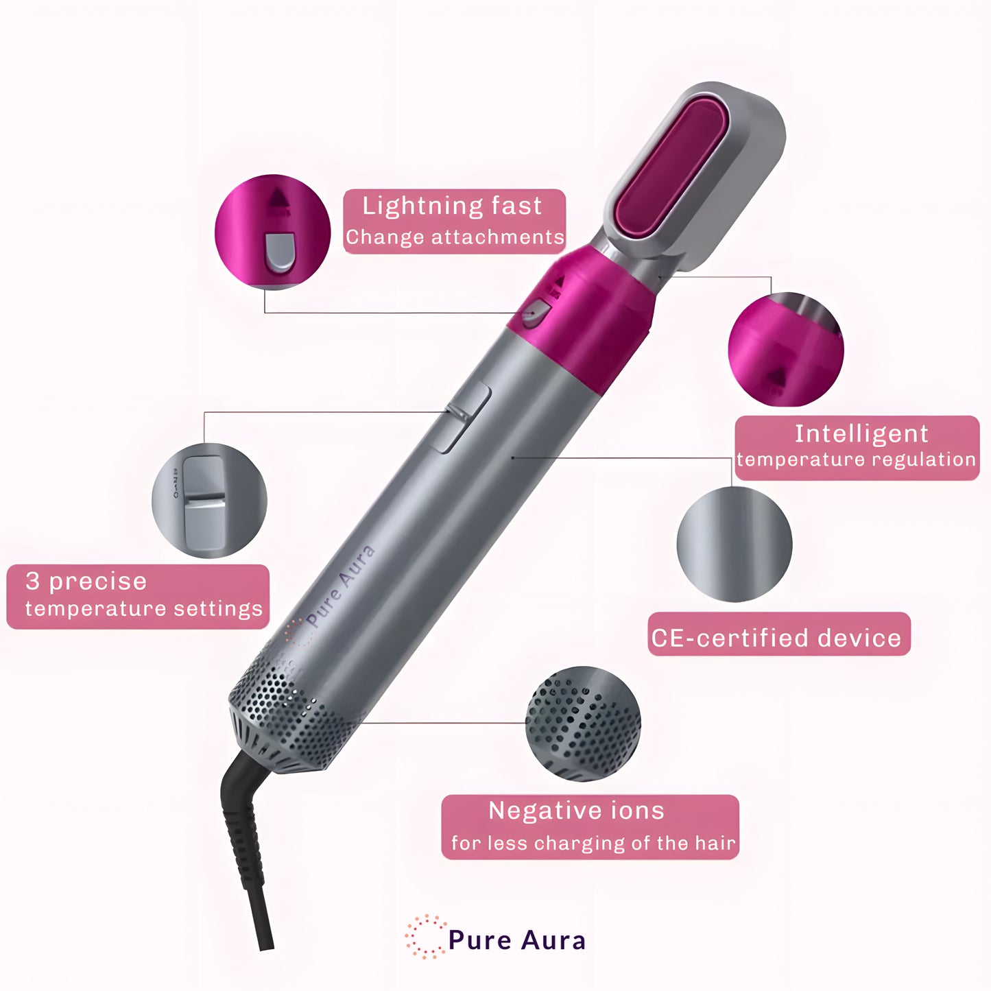 Pure Aura 5-in-1 Electric Curler
Unleash your hair’s true potential with the Pure Aura 5-in-1 Electric Curler – your all-in-one styling solution. Designed with advanced heat technology and five interchangeable attachments, this curler lets you create endless looks, from soft beach waves to glamorous curls full of volume.