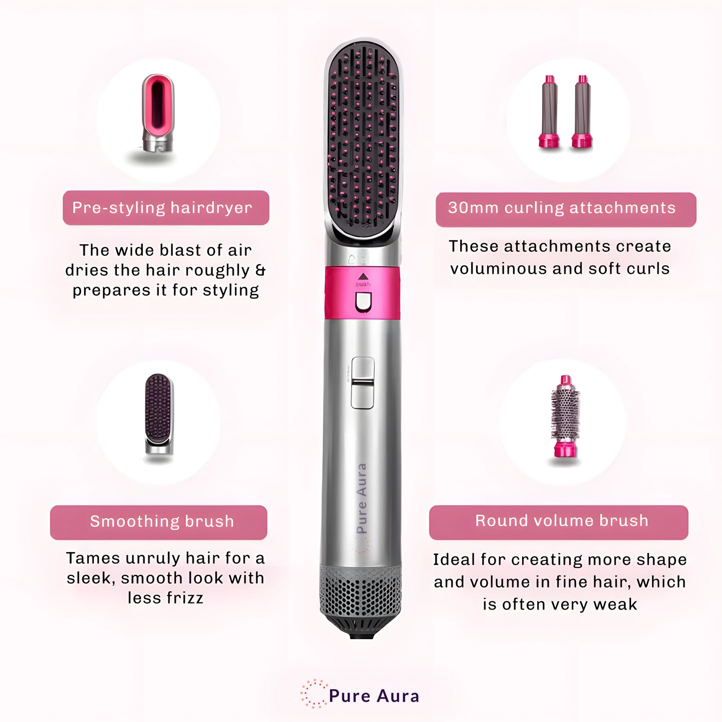 Pure Aura 5-in-1 Electric Curler
Unleash your hair’s true potential with the Pure Aura 5-in-1 Electric Curler – your all-in-one styling solution. Designed with advanced heat technology and five interchangeable attachments, this curler lets you create endless looks, from soft beach waves to glamorous curls full of volume.