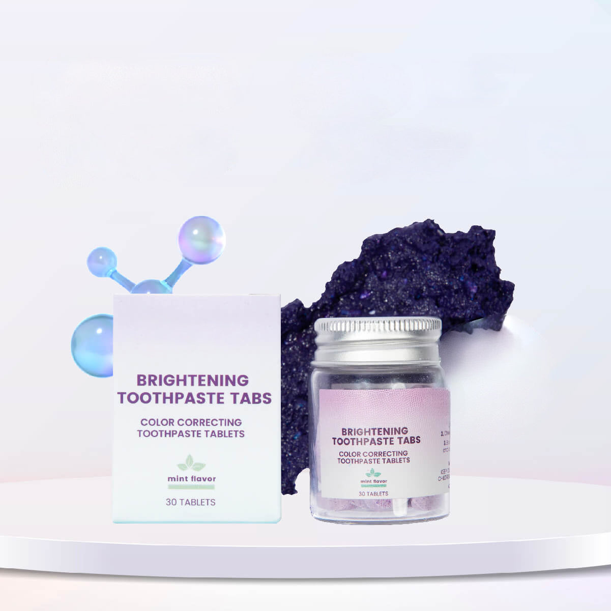 Teeth Whitening Purple Toothpaste Tablets - Minty Fresh Color-Correcting & Surface Stain Removal (30 Tabs, 60-Day Supply)