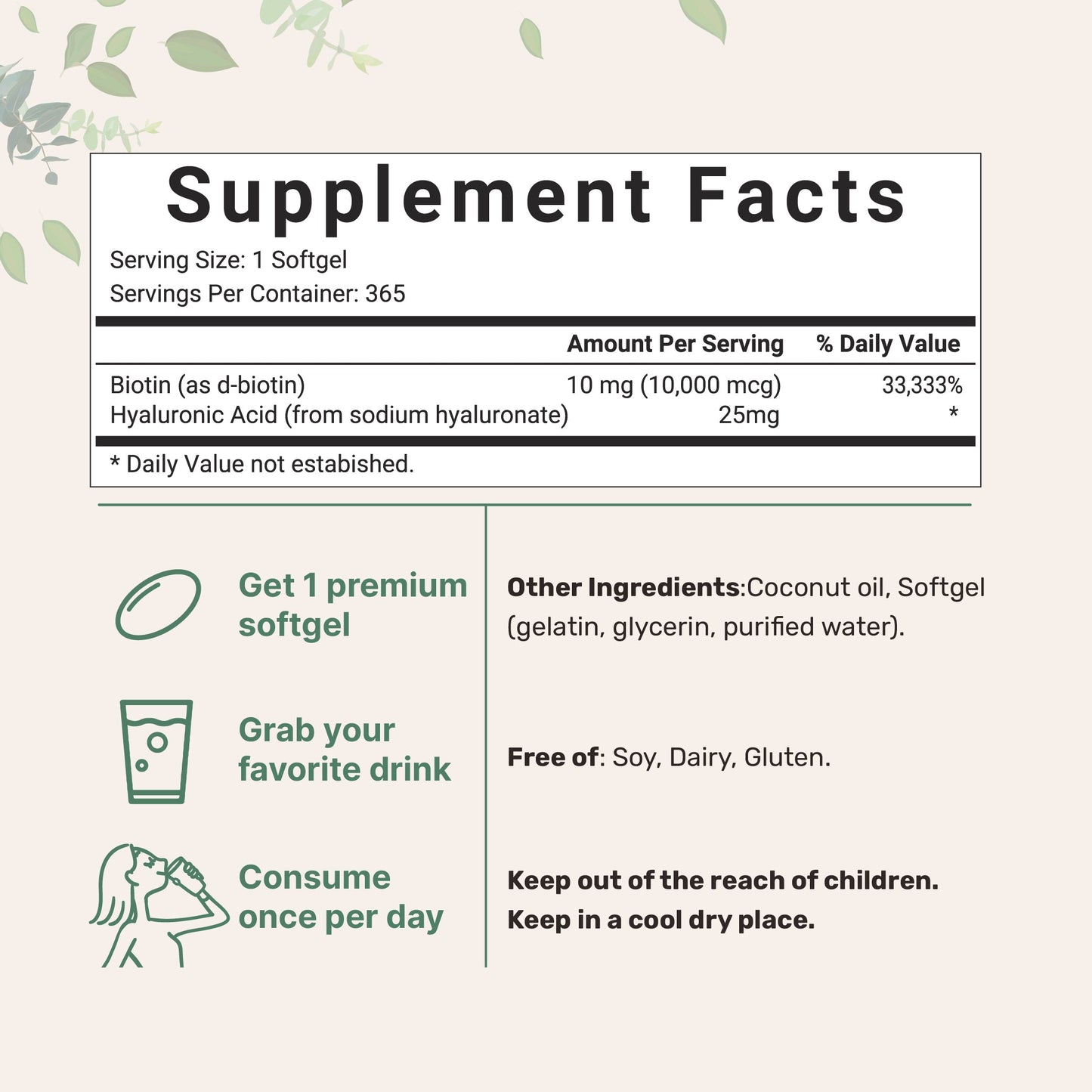 Biotin with Hyaluronic Acid – 365 Softgels for Hair & Skin