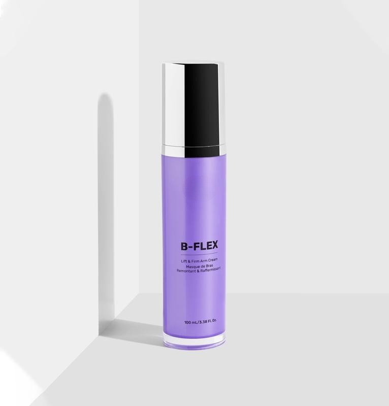 B-FLEX lift and firm arm cream in sleek purple bottle on minimalist white background