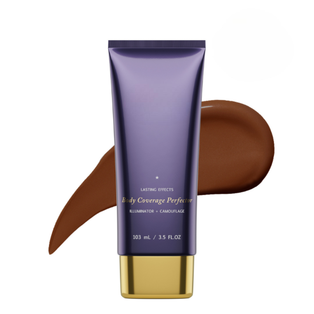 Body Coverage Perfector in Deep shade with rich cocoa swatch showing high-coverage illuminating formula