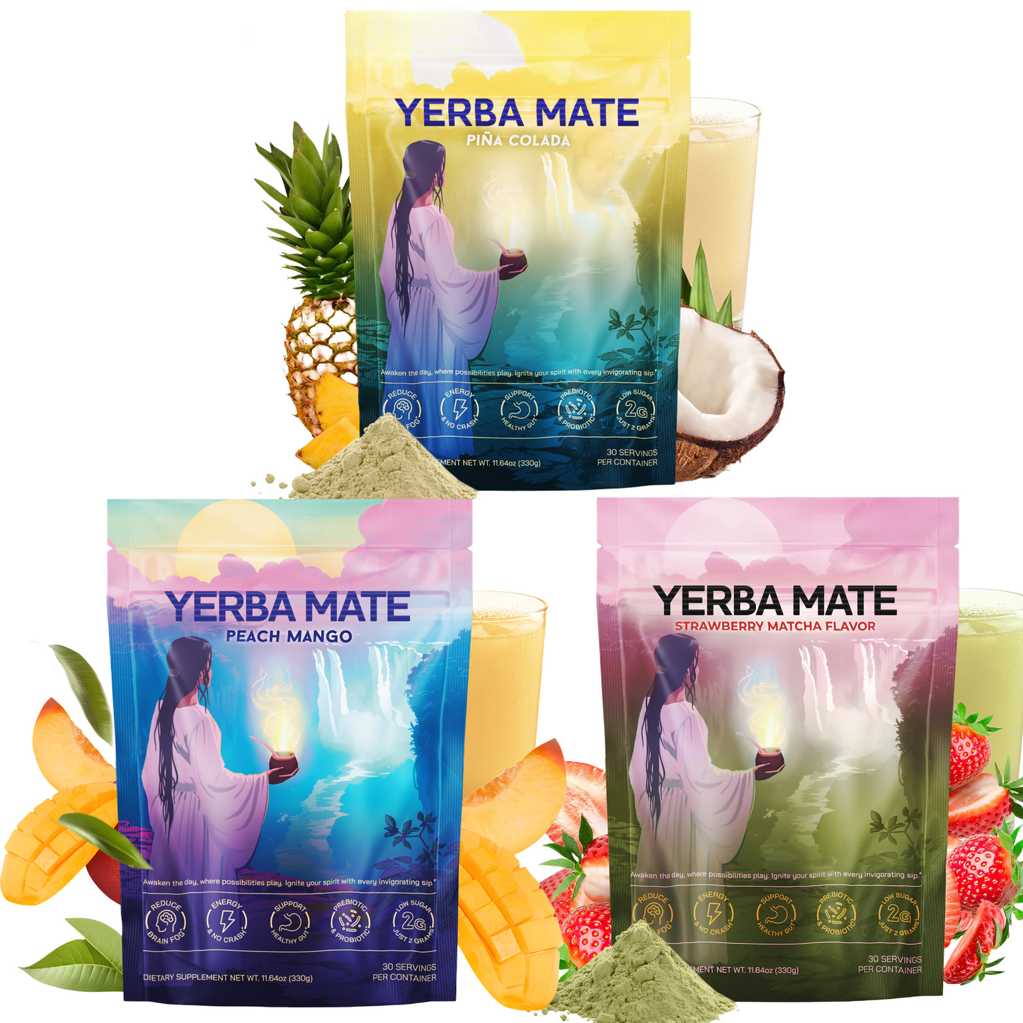 Yerba Mate Instant Tea Powder - Strawberry Matcha, Peach Mango & Piña Colada Flavors