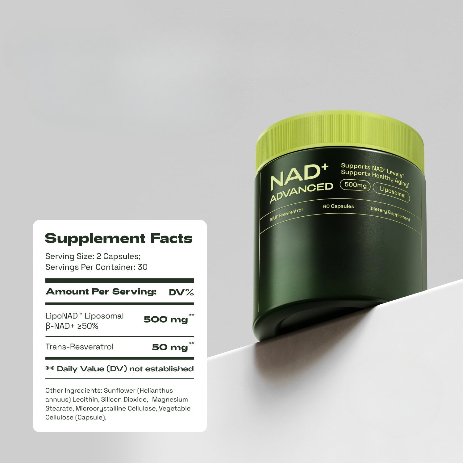 NAD+ Advanced supplement bottle with 500mg Liposomal B-NAD and 50mg Resveratrol shown next to supplement facts label