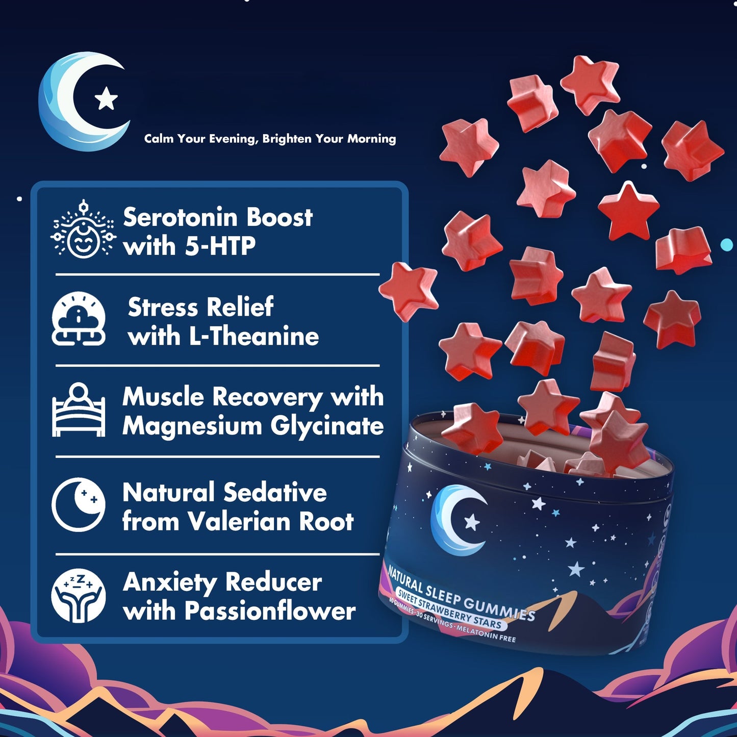 Natural Sleep Gummies – Sweet Strawberry Stars, 30 Servings