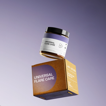 Universal Flare Care sensitive skin cream with propolis shown with product box on gradient background