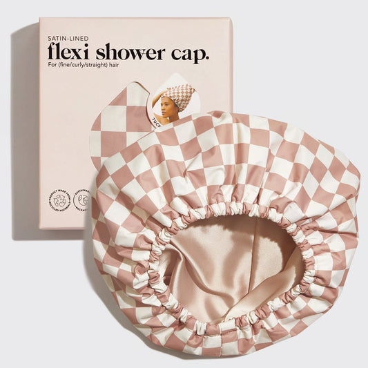 Terracotta Checker Satin Shower Cap – Reusable & Waterproof