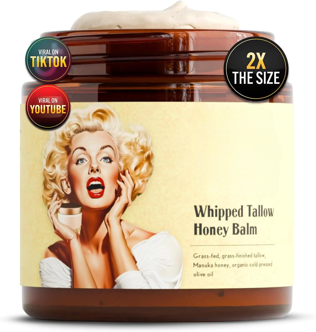 Whipped Beef Tallow and Honey Balm – 4oz Unscented Face Cream, Body Lotion, and Lip Balm