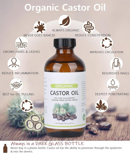 Castor Oil & Pack Set – Organic Oil + Wrap & Flannel Cloth, 8 oz