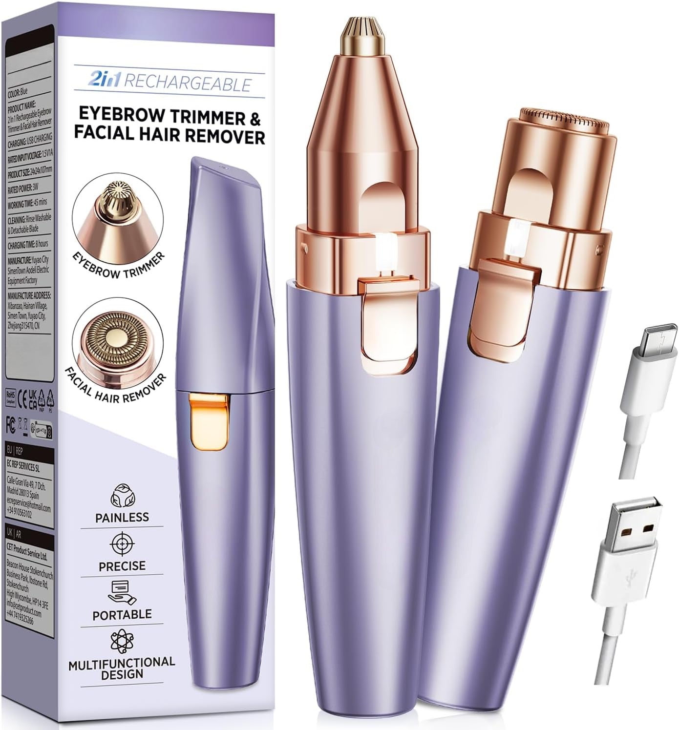 2-in-1 Eyebrow & Facial Trimmer – Rechargeable, Painless Hair Remover