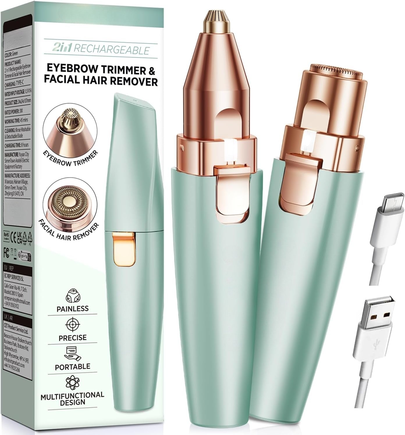 2-in-1 Eyebrow & Facial Trimmer – Rechargeable, Painless Hair Remover