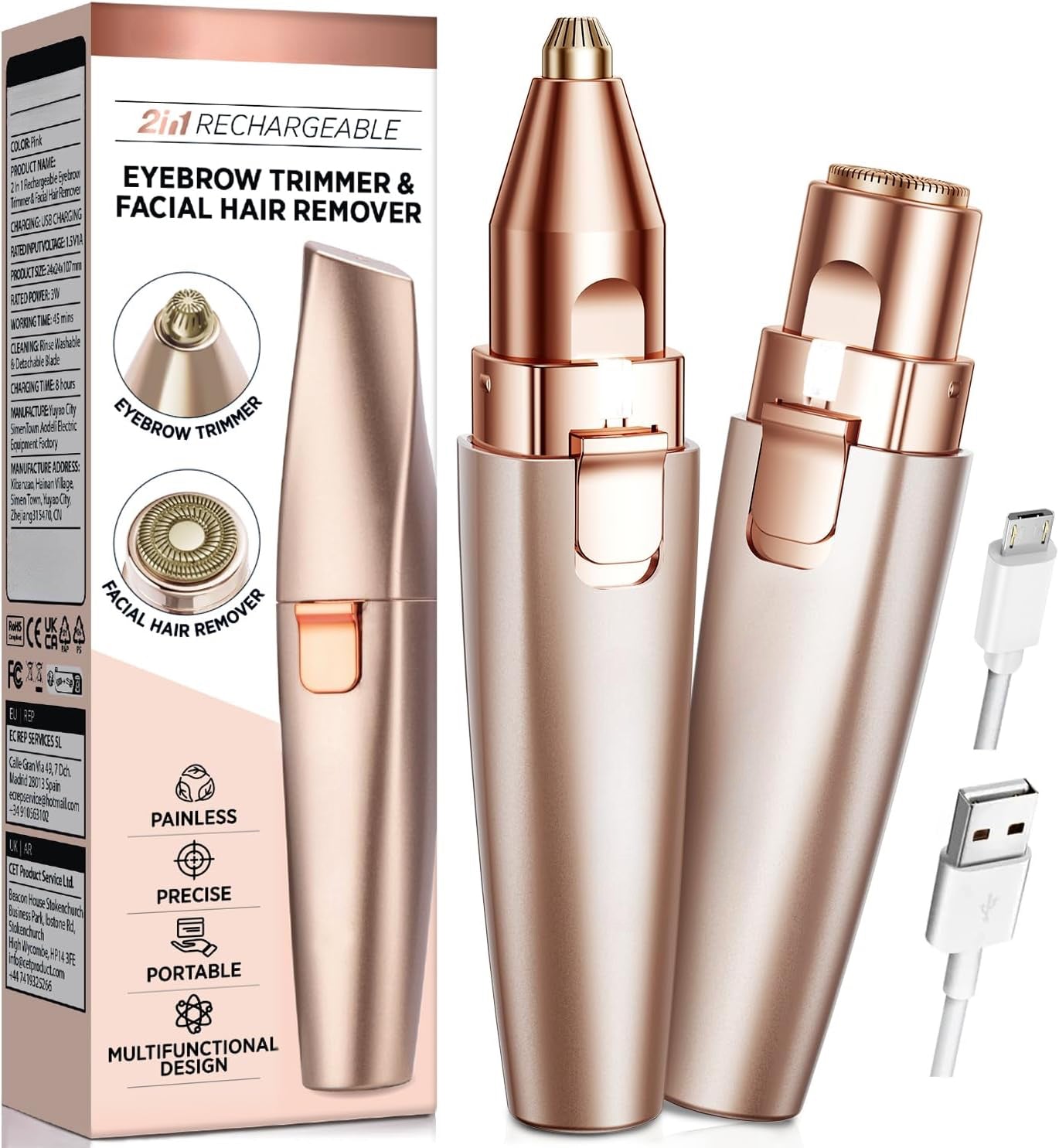 2-in-1 Eyebrow & Facial Trimmer – Rechargeable, Painless Hair Remover