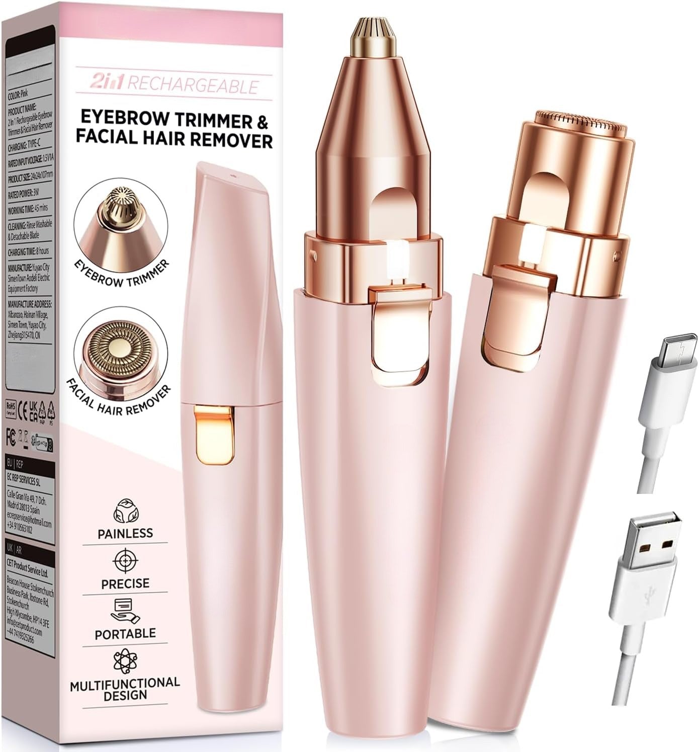 2-in-1 Eyebrow & Facial Trimmer – Rechargeable, Painless Hair Remover