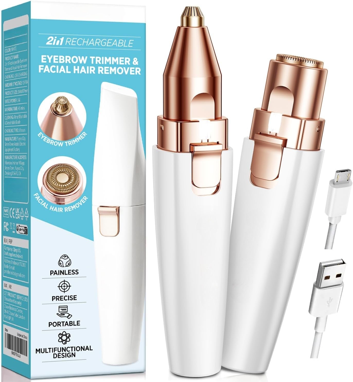 2-in-1 Eyebrow & Facial Trimmer – Rechargeable, Painless Hair Remover