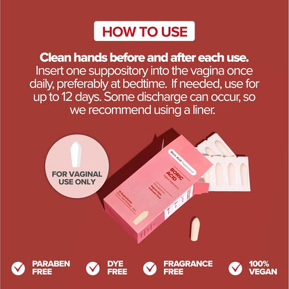 Boric Acid Vaginal Suppositories – Lactic Acid & Aloe, 12 Ct
