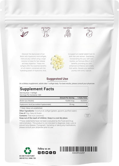Biotin with Hyaluronic Acid – 365 Softgels for Hair & Skin