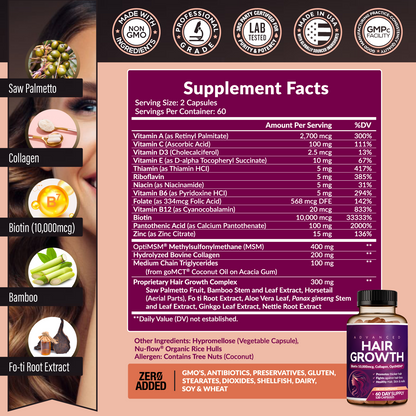Advanced Hair Growth Vitamins for Women – Biotin & Collagen, 60ct