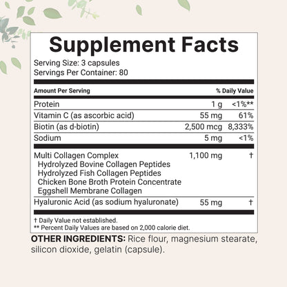 Multi Collagen Complex Pills - Type I, II, III, V, X with Hyaluronic Acid, Biotin & Vitamin C (240 Capsules)
