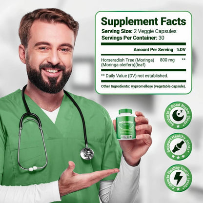 Moringa Powder Capsules – Plant-Based Supplement, 60 ct