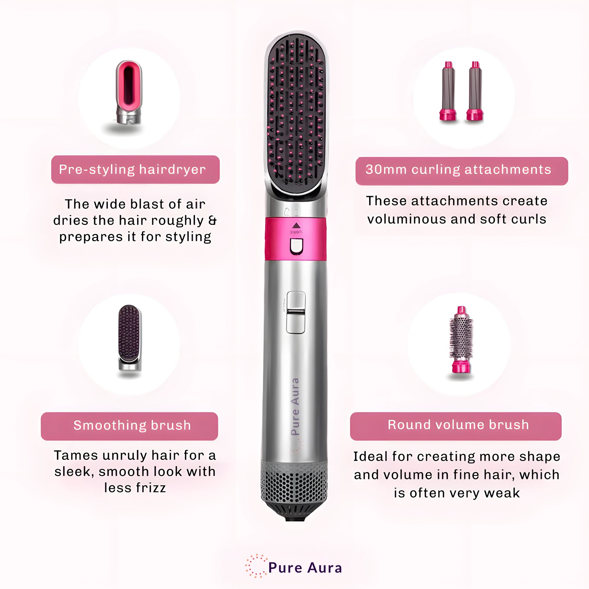 Pure Aura 5-in-1 Electric Curler

Unleash your hair’s true potential with the Pure Aura 5-in-1 Electric Curler – your all-in-one styling solution. Designed with advanced heat technology and five interchangeable attachments, this curler lets you create endless looks, from soft beach waves to glamorous curls full of volume. 