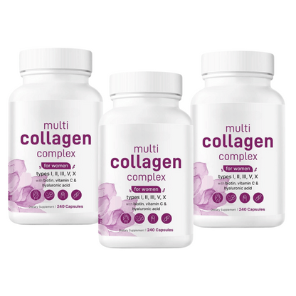 Multi Collagen Complex Pills - Type I, II, III, V, X with Hyaluronic Acid, Biotin & Vitamin C (240 Capsules)