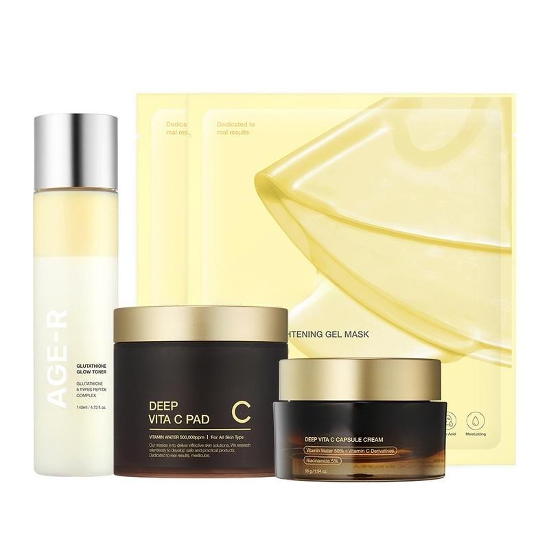 Clear & Glow on a Budget Set - Glutathione Glow Milky Toner, Vita C Toner Pads, Vita C Capsule Cream, Kojic Acid Turmeric Gel Mask