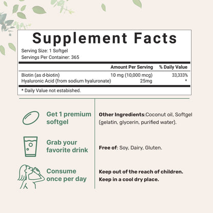 Biotin with Hyaluronic Acid – 365 Softgels for Hair & Skin
